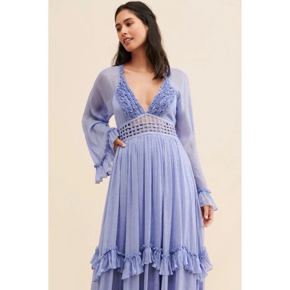 NEW Free People Seraphina Tiered Maxi Dress Electric Blue Medium/M $350 Stunning